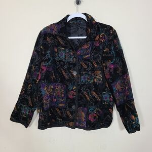 Coldwater Creek Womens M/L Floral Velvet Black Brocade Reversible Jacket‎ Boho